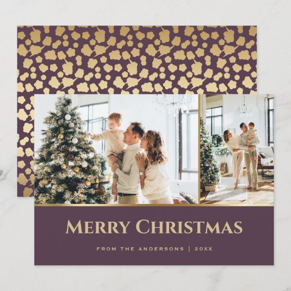 Purple Gold Stars Photo Christmas Card