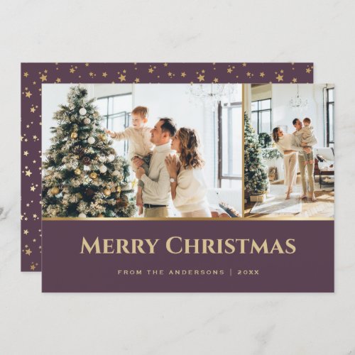 Purple Gold Stars Photo Christmas Holiday Card