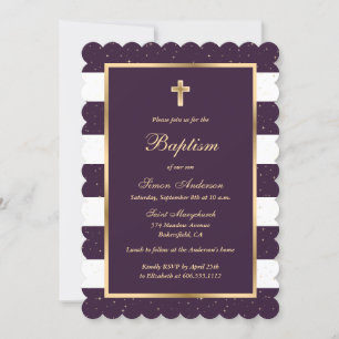 Purple Gold Stars Striped Baptism Invitation