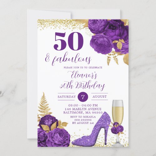 Purple Gold Stiletto Champagne Adult Birthday Invitation
