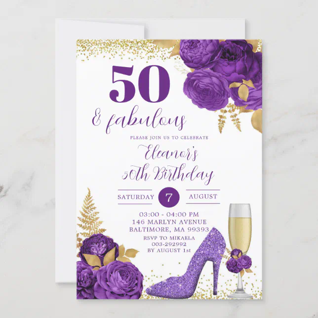 Purple Gold Stiletto Champagne Adult Birthday Invitation | Zazzle