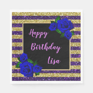 Purple Gold Stripe Glitter Deep Blue Rose Birthday Napkins