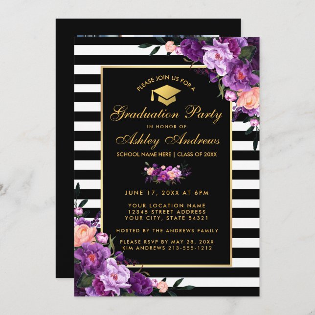 Purple Gold Striped Graduation Invite - Back Photo (Front/Back)