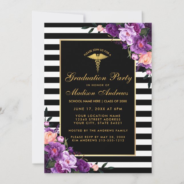 Purple Gold Striped Medical Graduation Invite (Front)