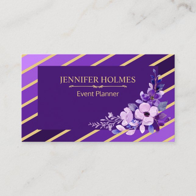 Purple Gold Stripes Floral Event Planner  Business Card (Front)