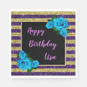 Purple Gold Stripes Glitter Blue Roses Birthday Napkins