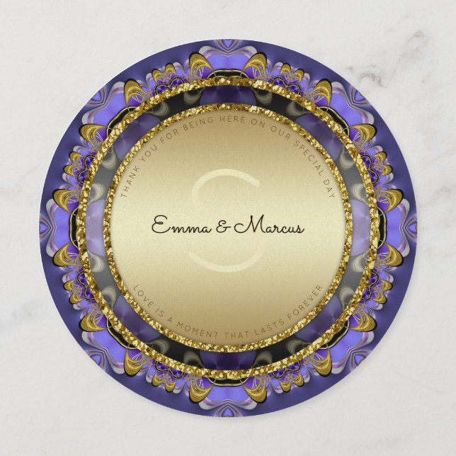 Purple Gold Stylish Glam Round Menu Cards (Back)