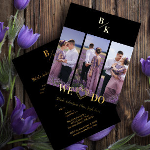 Purple & Gold Stylish Lace Vertical 3 Multi Photos Foil Invitation