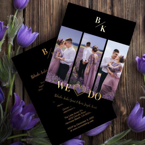 Purple  Gold Stylish Lace Vertical 3 Multi Photos Foil Invitation
