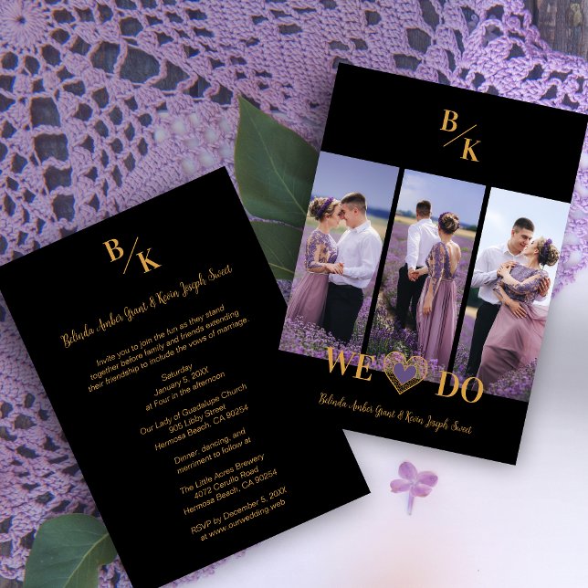 Purple & Gold Stylish Lace Vertical 3 Multi Photos Invitation (Purple & Gold Stylish Lace Vertical 3 Multi Photos Collage for Wedding.)