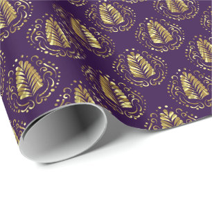 Purple & Gold Stylized Feather Modern Damasks Wrapping Paper