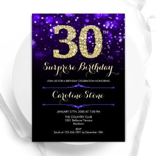 Purple Gold Surprise 30th Birthday Invitation