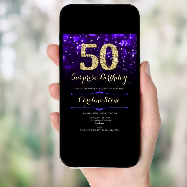 Purple Gold Surprise 50th Birthday Invitation (Front Digital)