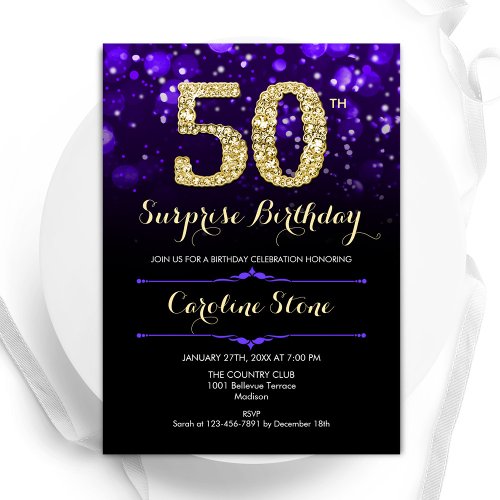 Purple Gold Surprise 50th Birthday Invitation