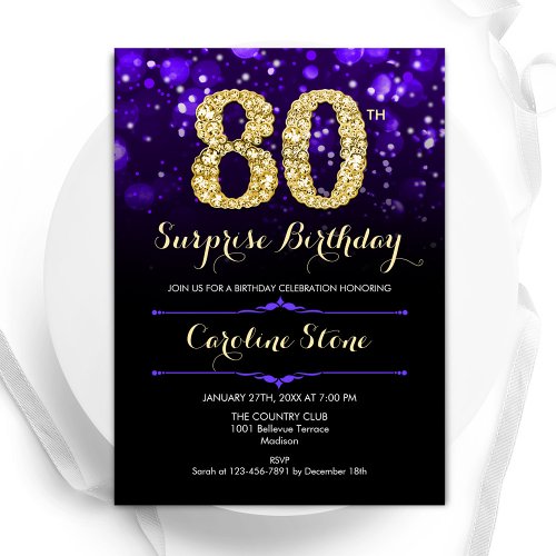 Purple Gold Surprise 80th Birthday Invitation