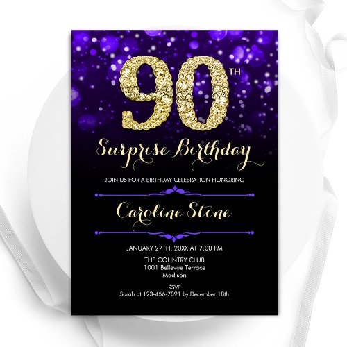 Purple Gold Surprise 90th Birthday Invitation