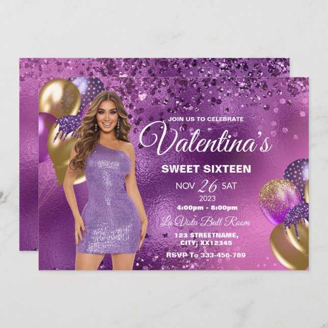 Purple & Gold Sweet 16 Girl Birthday Invitation (Front/Back)