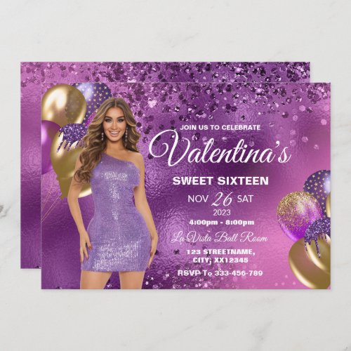 Purple  Gold Sweet 16 Girl Birthday Invitation