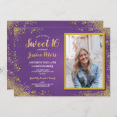 Purple Gold Sweet 16 Party Elegant Birthday Photo Invitation (Front/Back)