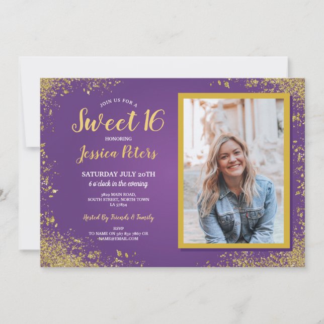 Purple Gold Sweet 16 Party Elegant Birthday Photo Invitation (Front)