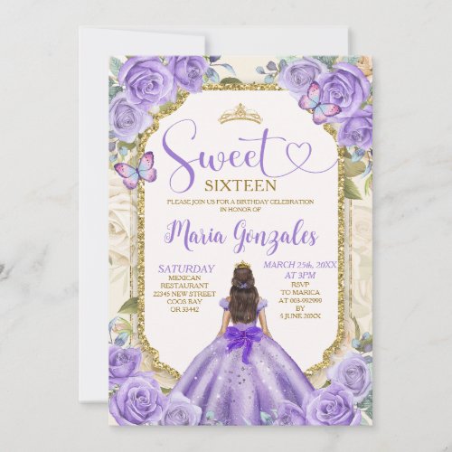 Purple Gold Sweet 16th Birthday Princess Party  Invitation