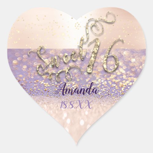 Purple Gold Sweet 16th White Heart Glitter Spark Heart Sticker