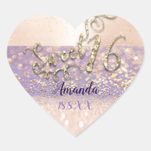 Purple Gold Sweet 16th White Heart Glitter Spark Sticker