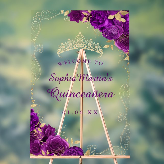 Purple Gold Swirl Floral Quinceanera Acrylic Sign (Neutral)