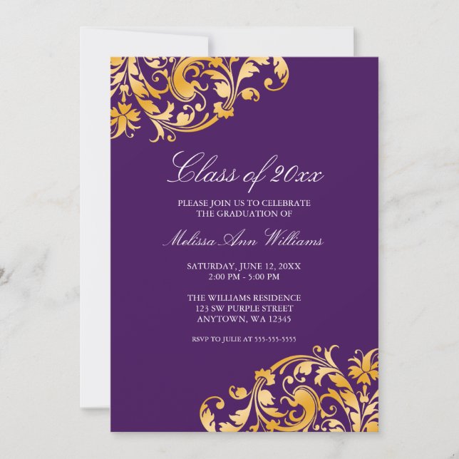 Purple Gold Swirl Graduation Party Announcement (Front)