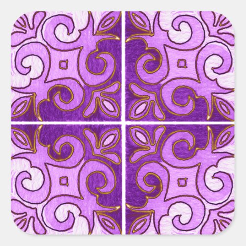 Purple Gold Swirl Inspired by Portuguese Azulejos Square Sticker