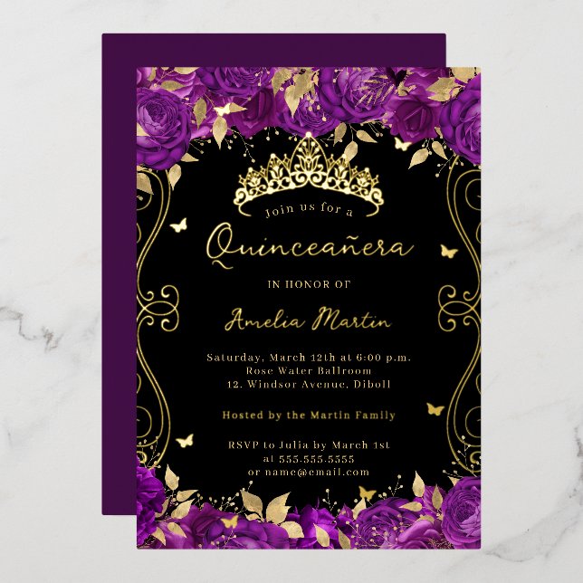 Purple Gold Swirl Scroll Floral Quinceanera  Foil Invitation (Front/Back)