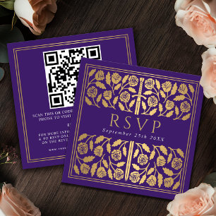 Purple Gold Sword Royal Wedding RSVP QR Code  Enclosure Card