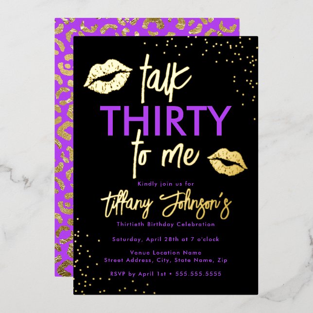Purple Gold Talk Thirty To Me Leopard 30th  Foil Invitation (Front/Back)