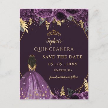 Purple Gold Tan Princess Floral Quinceañera   Announcement Postcard