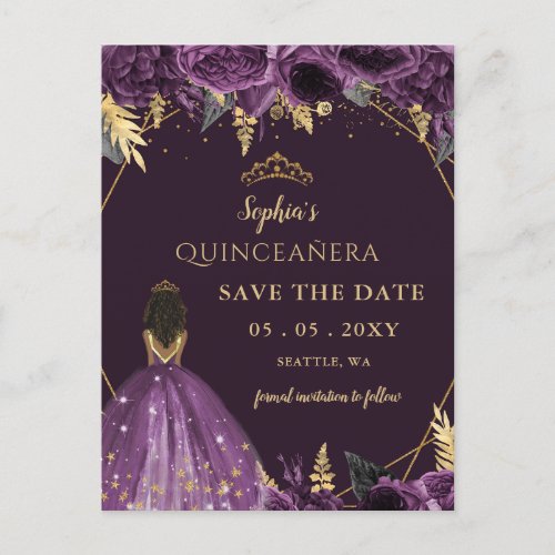 Purple Gold Tan Princess Floral Quinceaera   Announcement Postcard