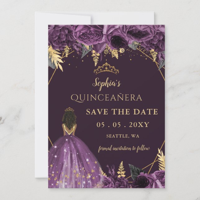 Purple Gold Tan Princess Floral Quinceañera   Save The Date (Front)