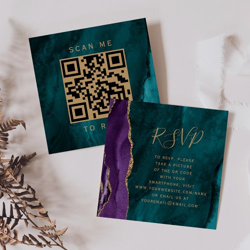 Purple Gold Teal Agate Wedding QR Code RSVP Enclosure Card