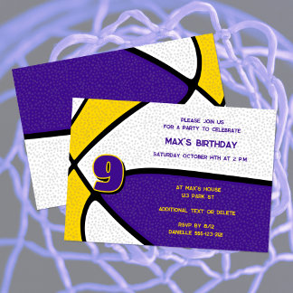 purple gold team colors basketball birthday invitation