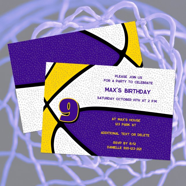 purple gold team colors basketball birthday invitation (Creator Uploaded)