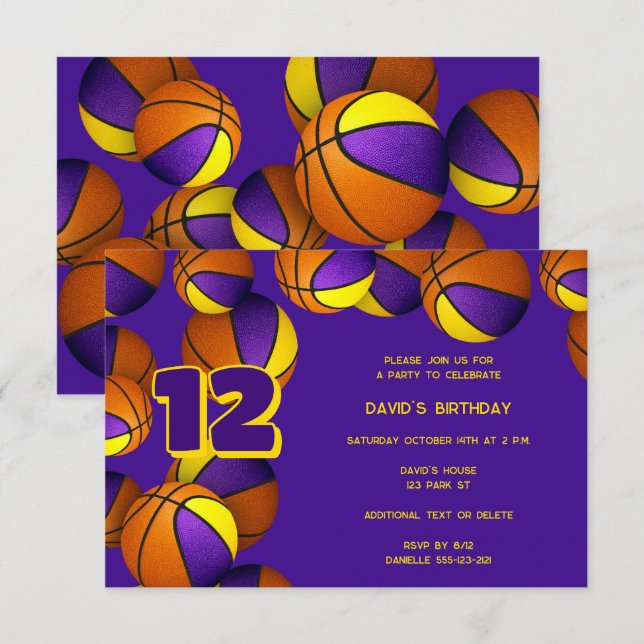purple gold team colors basketballs birthday invitation (Front/Back)
