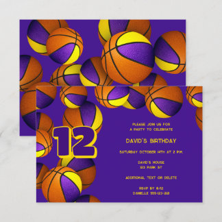 purple gold team colors basketballs birthday invitation