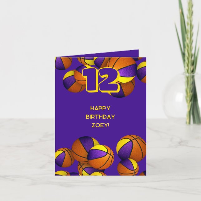 purple gold team colors basketballs kids birthday card (Front)