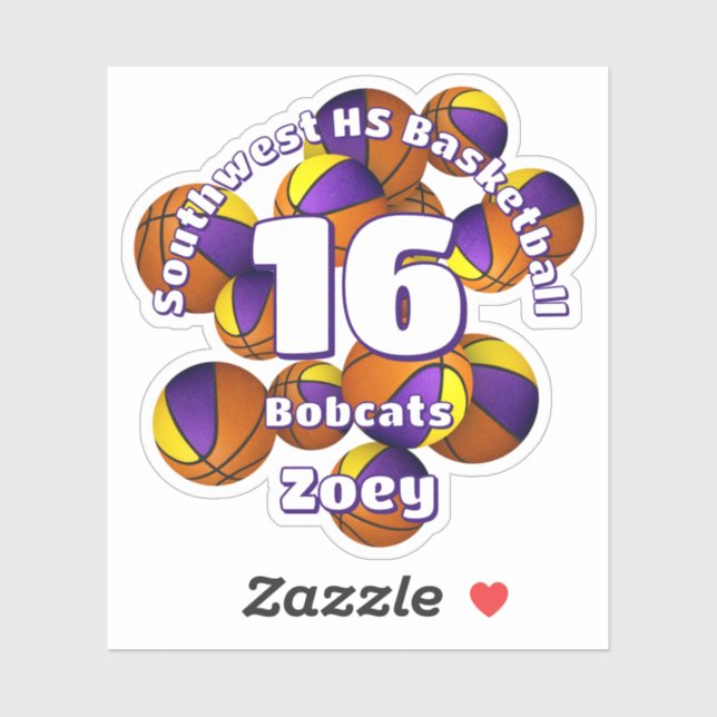 purple gold team colors basketballs kids team name sticker (Sheet)