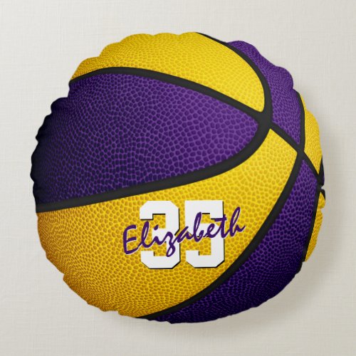 purple gold team colors girl boy basketball decor round pillow