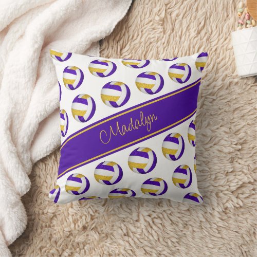 purple gold team colors girls I love volleyball Throw Pillow