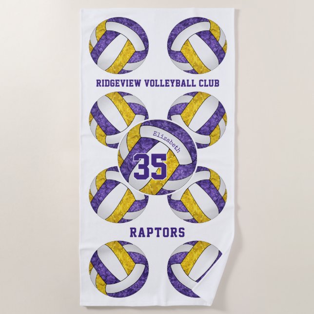 purple gold team colors girly volleyballs pattern beach towel (Front)
