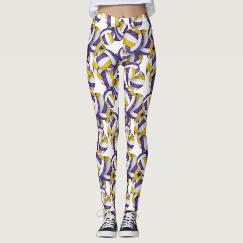 Purple gold team colors girly volleyballs pattern leggings