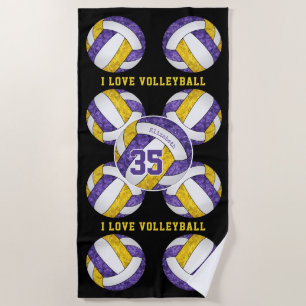 purple gold team colors I love volleyball girly Beach Towel