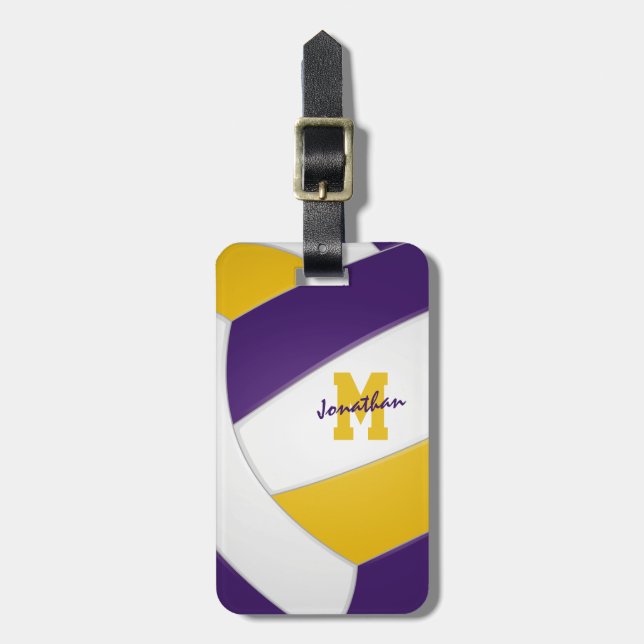 purple gold team colors monogrammed volleyball luggage tag (Front Vertical)