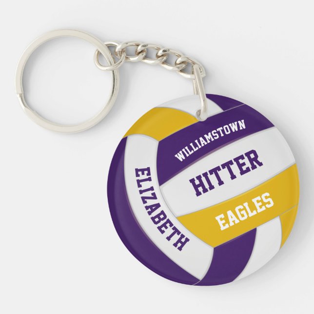 purple gold team colors personalized volleyball keychain (Front)